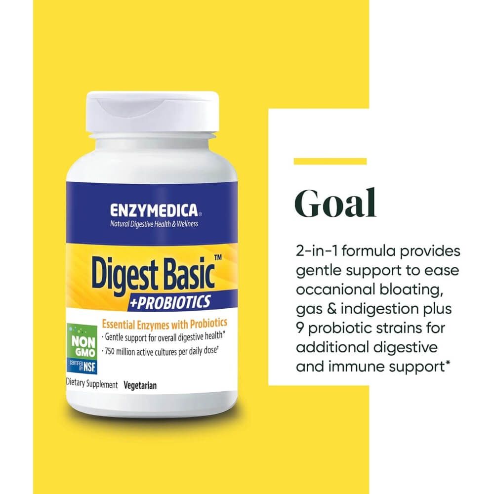 Enzymedica Digest Basic + Probiotics 30 Capsules - Digestive Enzyme Supplement with Probiotics for Gut Health & Bloating Relief - Supports Digestion After Meals & Travel