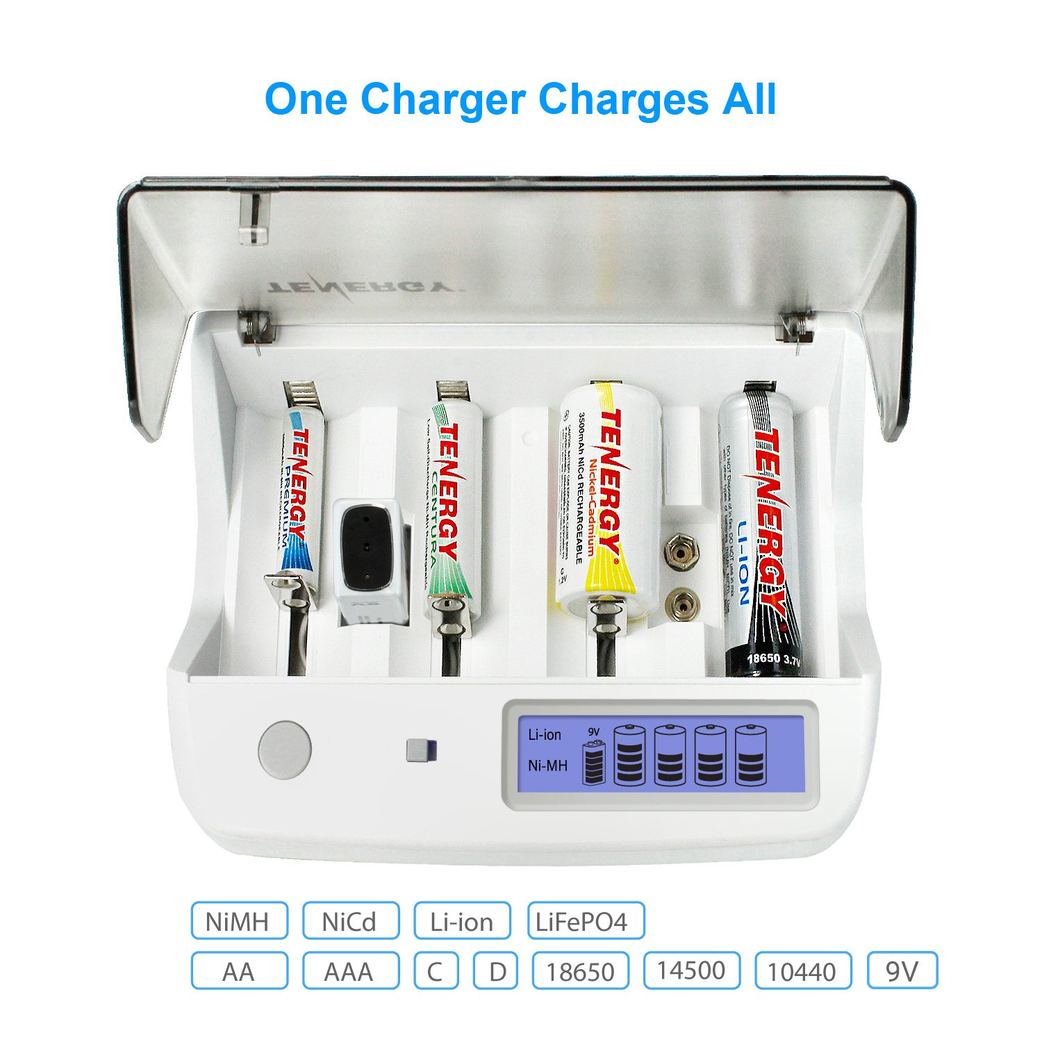 Tenergy Centura Rechargeable C Batteries 4-Pack with Universal TN299 Charger - Compatible with NiMH/NiCd/Li-Ion AA/AAA/C/D/9V/18650 Batteries - Perfect for Flashlights, Toys, Emergency Kits & Home Electronics