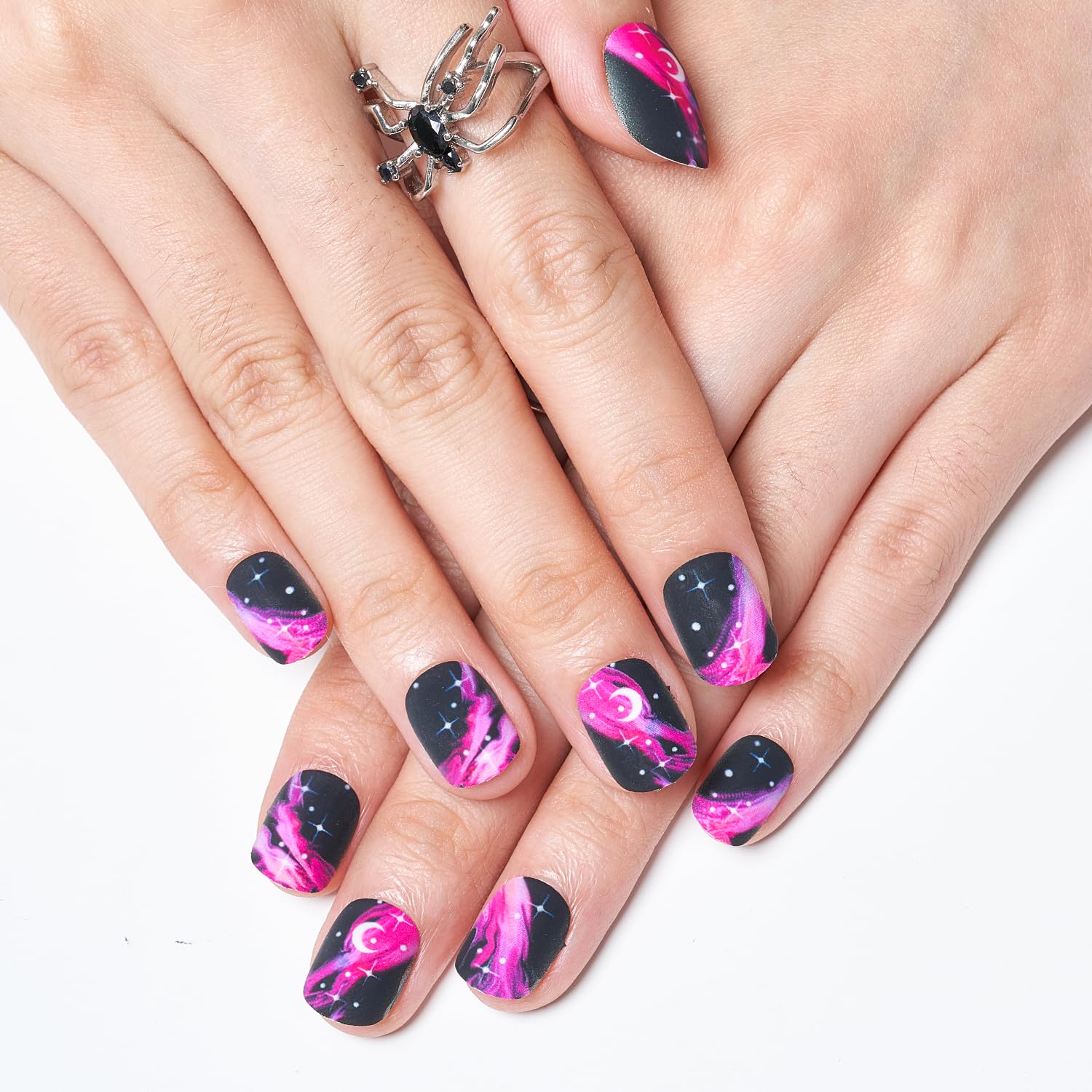 GLAMERMAID Hot Pink & Black Ombre Press On Nails - Short Squoval Fake Nails with Matte Gel Finish | Reusable Acrylic False Nails Kit for Women | Perfect for Parties, Weddings & Everyday Manicures