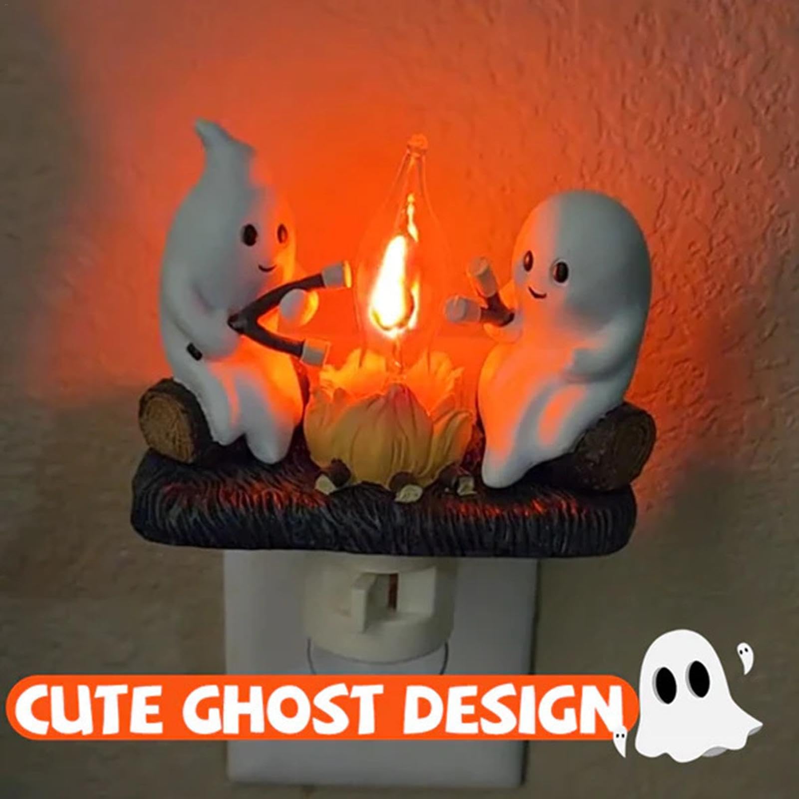 Ghost Bonfire Night Light - LED Halloween Lamp with 2 Ghosts Roasting Marshmallows, Flickering Campfire Effect, Plug-in Decor for Spooky Home & Party Use | Perfect for Halloween Decorations, Bedroom Nightlight, and Themed Parties