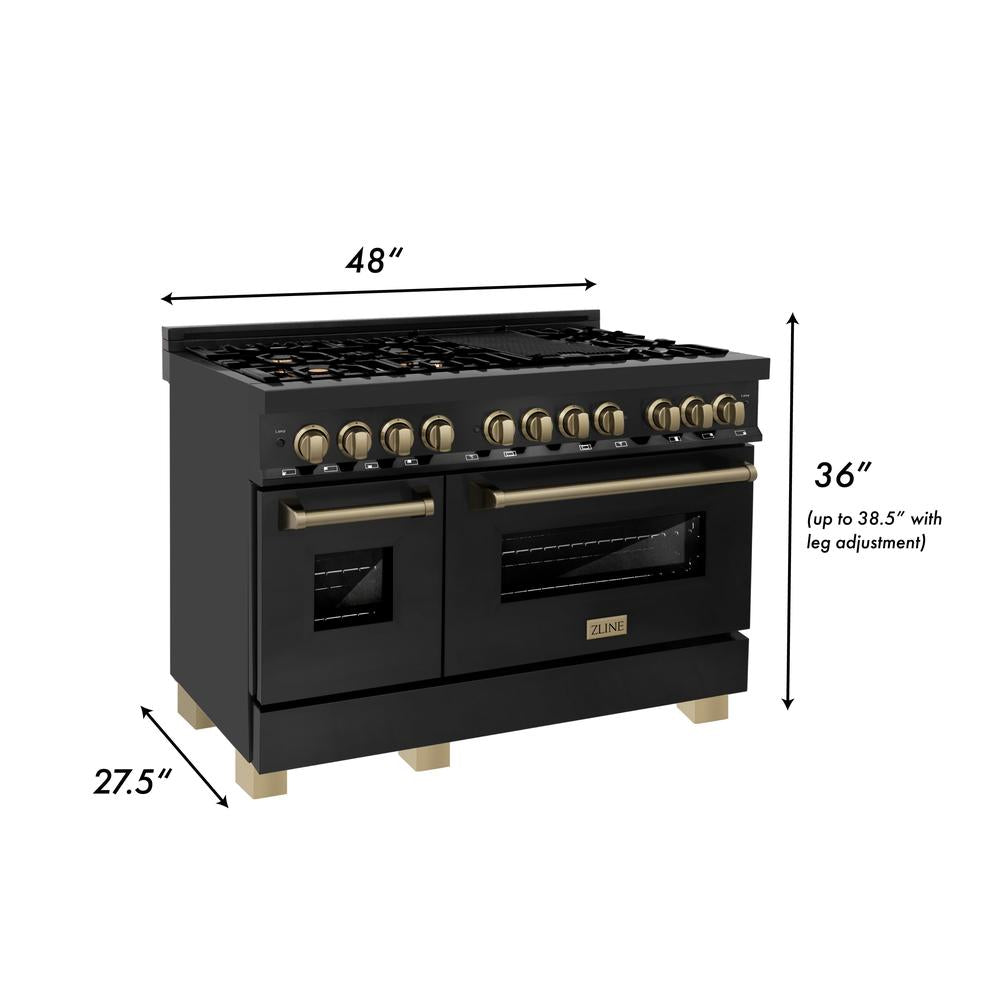 ZLINE Autograph Edition 48-inch Black Stainless Steel Dual Fuel Range with Range Hood & Dishwasher - Champagne Bronze Accents (3AKP RABRHDWV48 CB) | Professional Kitchen Package for Home Chefs & Modern Cooking Enthusiasts
