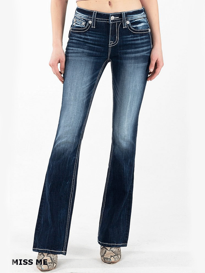 Miss Me M3937B Women's Mid Rise Bootcut Jeans - Dark Blue Denim Pants for Casual Wear & Everyday Outfits