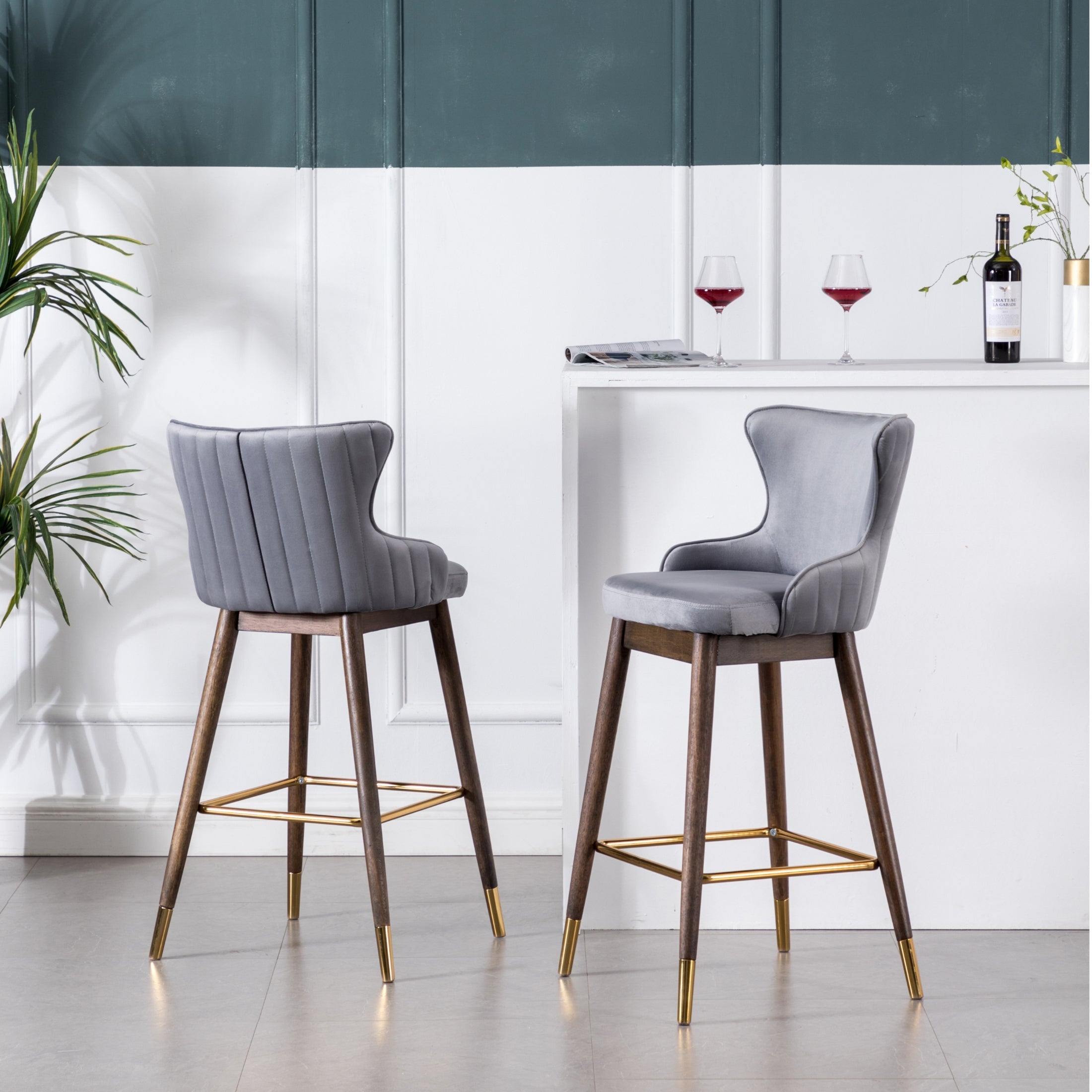 Roundhill Furniture Leland Fabric Upholstered Wingback Bar Stools - Set of 2, Gray - Comfortable Counter Height Stools for Kitchen Island, Breakfast Bar & Home Decor