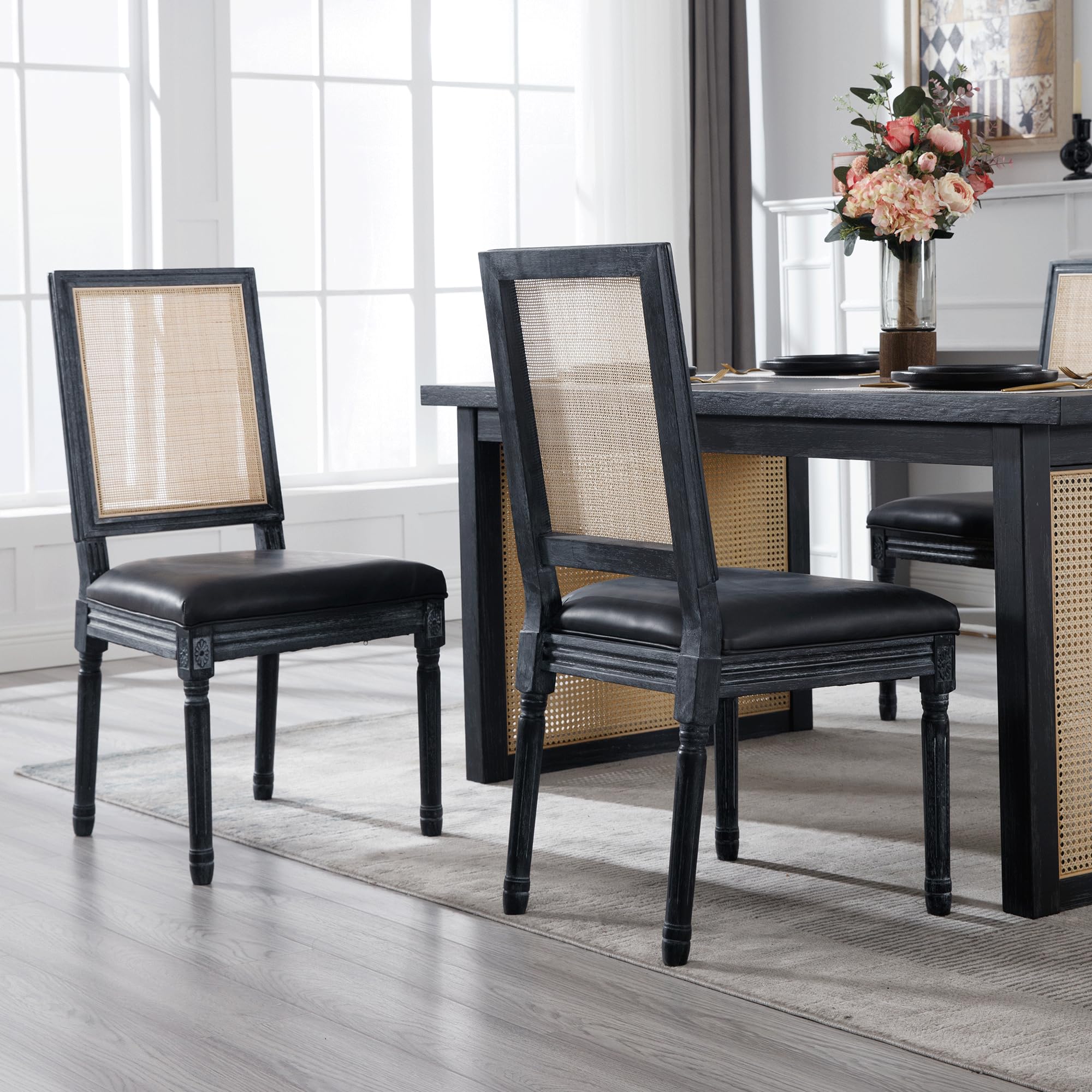 Faux Leather Dining Chairs Set of 2 - Farmhouse Kitchen Chairs with Upholstered Seat & Rattan Back - French Country Style Side Chairs for Dining Room, Restaurant, or Home Decor - Black