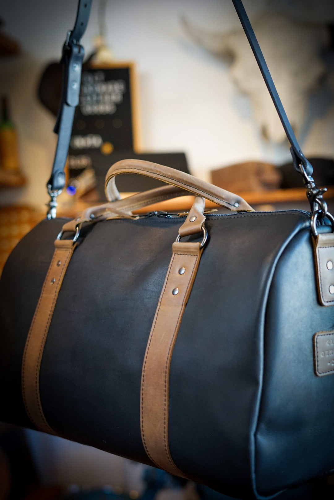 Overnighter Duffle Bag - Flat Black with Rustic Brown Accents - Perfect for Travel, Gym & Weekend Getaways