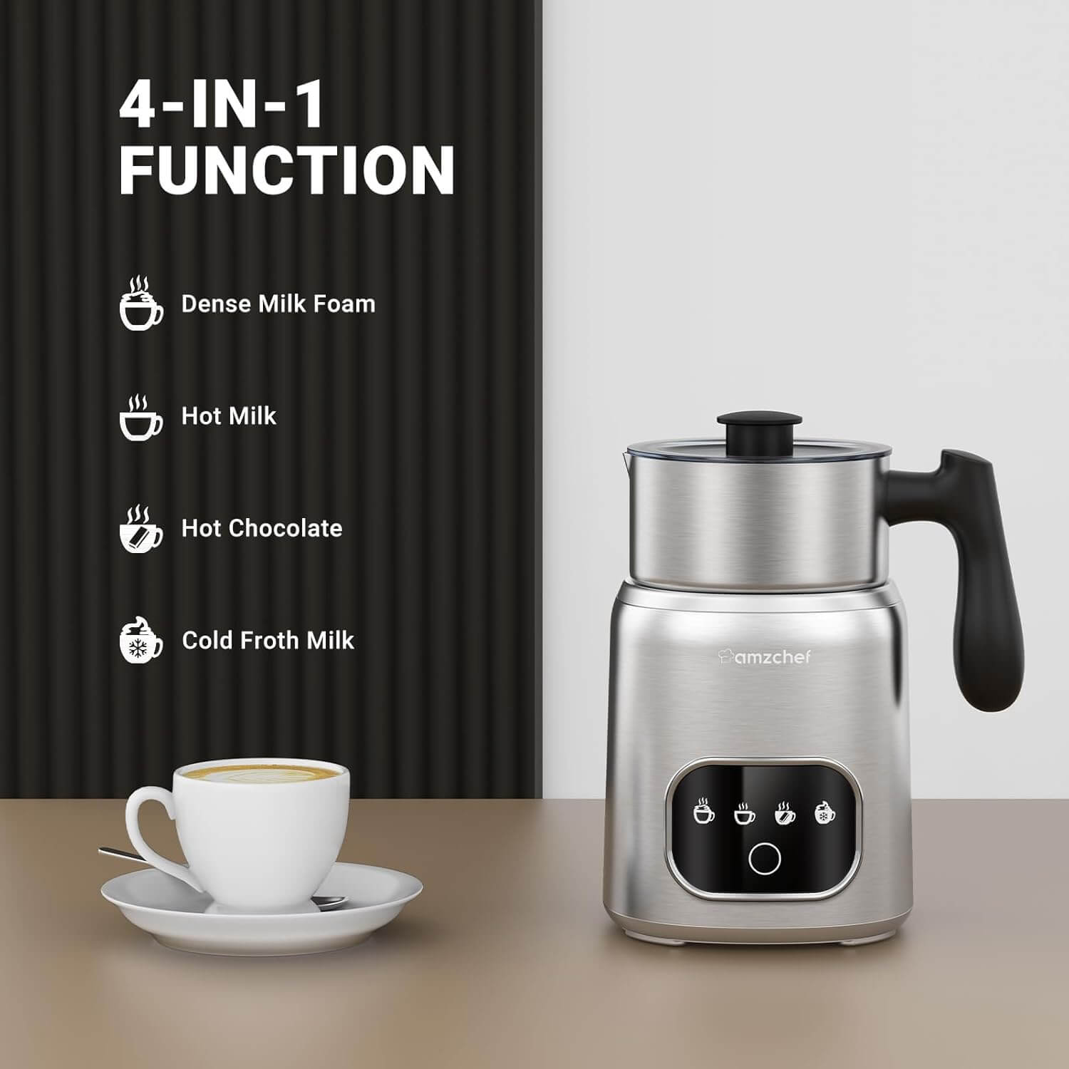 AMZCHEF 4-in-1 Electric Milk Frother, Steamer & Warmer for Lattes, Cappuccinos & Hot Chocolate - Perfect for Coffee Shops, Home & Office Use