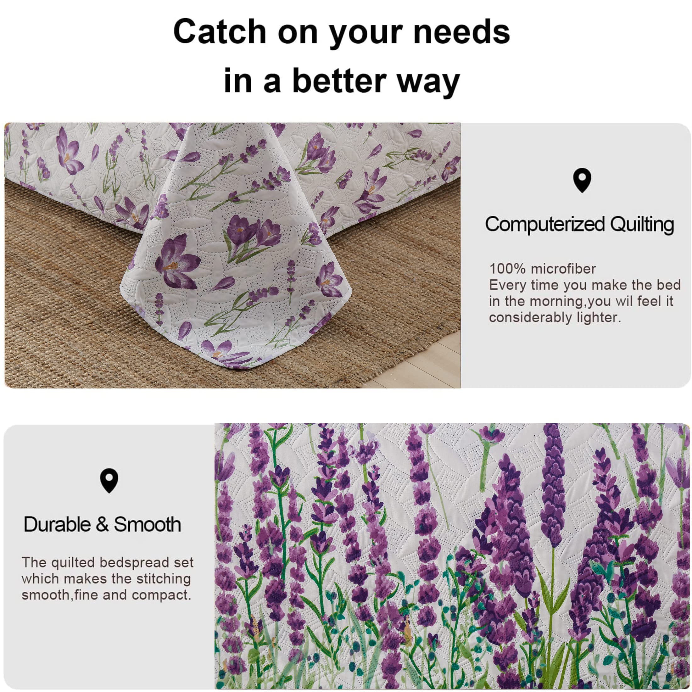 **Queen Size Floral Quilt Set - Lightweight Reversible Summer Bedspread with Green Leaves & Purple Flowers - Soft Home Bedding for Cozy Nights & Guest Rooms**