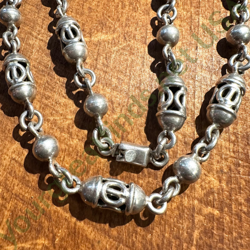 Vintage Mexican Sterling Silver Orb & Barrel Link Necklace – Handmade Jewelry for Women, Boho Chic Necklace, Perfect for Casual Wear & Special Occasions