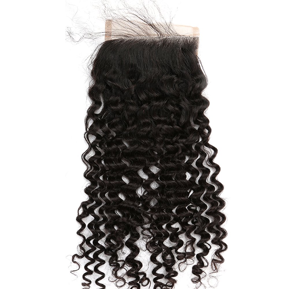 4x4 Silk Base Lace Closure with Baby Hair - Free Part Curly Wave Human Hair Closure - Bleached Knots Brazilian Virgin Hair - 18 Inch Natural Color - Perfect for Protective Styles & Everyday Wear