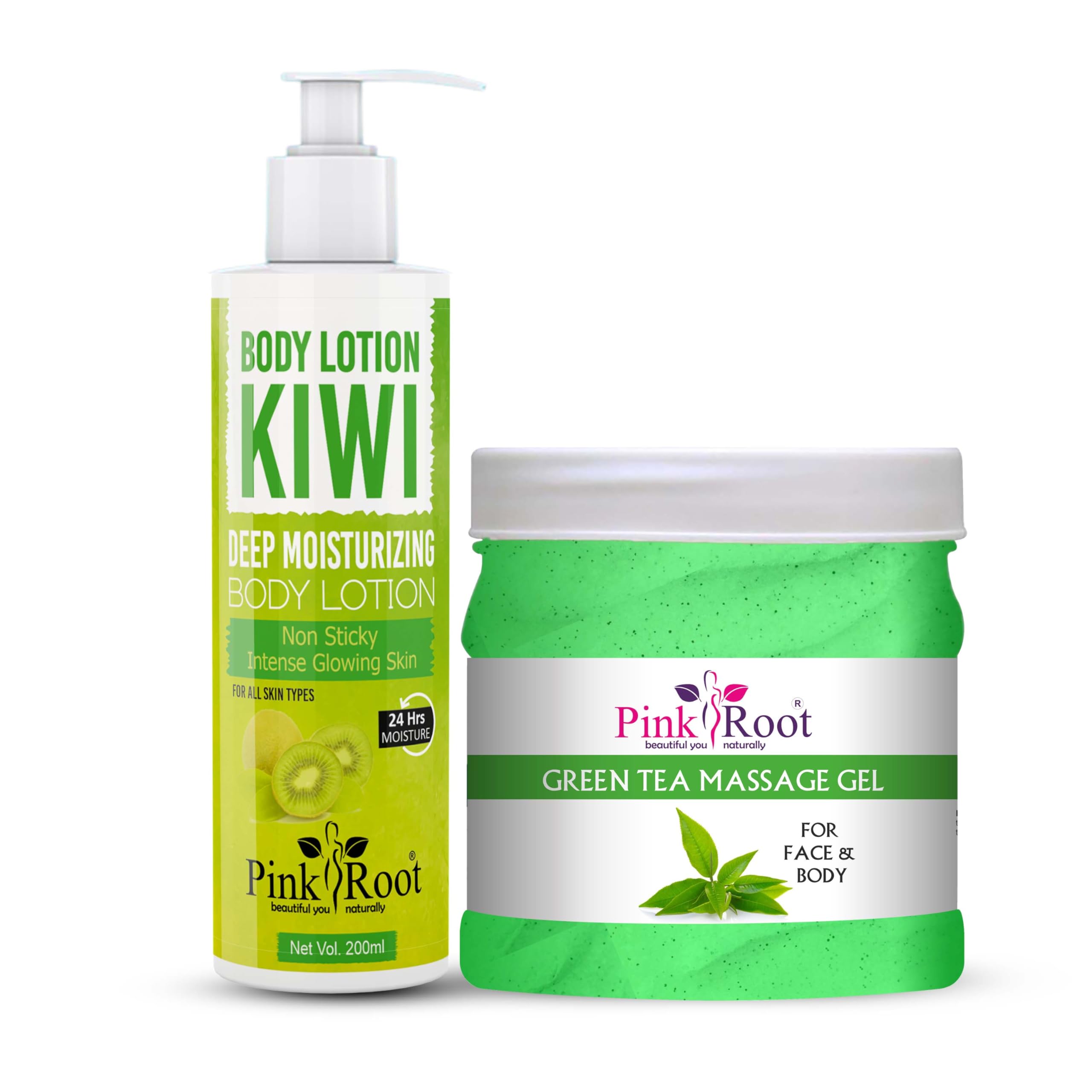 Pink Root Green Tea Massage Gel 500ml & Kiwi Body Lotion 200ml Set - Hydrating & Relaxing Skincare Duo for Spa, Home Relaxation & Self-Care Routine
