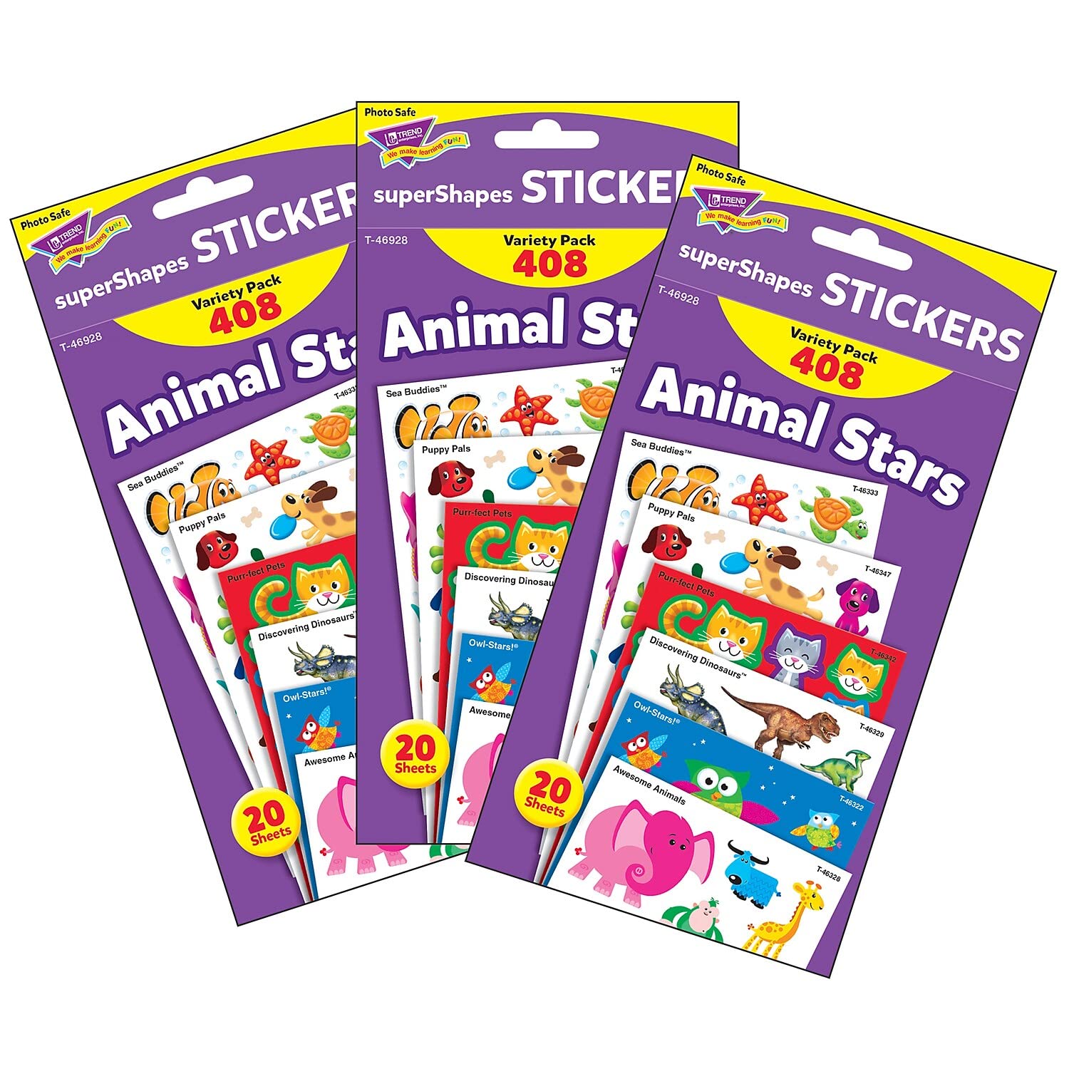 Trend Animal Stars Supershapes Stickers - Large Variety Pack of 408 Stickers, 3 Packs (T-46928-3) for Kids Crafts, Scrapbooking & School Projects