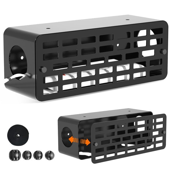 Under Desk Cable Management Box - Metal Cord Organizer for Desk & Wall Mount, Hide Power Strips & Wires - Office & Home Cable Tray for Neat Workspace & Entertainment Setup