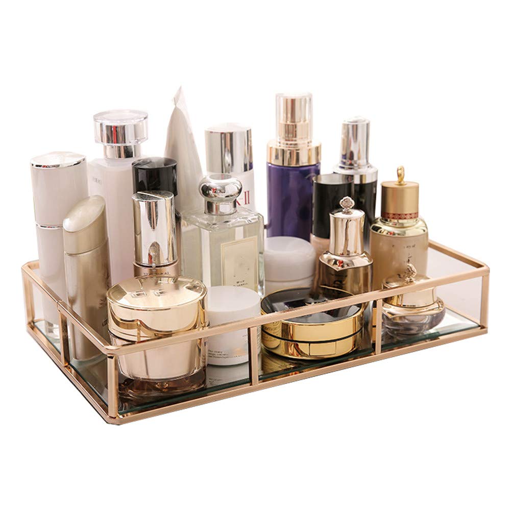 Vintage Clear Glass Makeup Organizer with Metal Mirror Base & Triangle Pen Holder - Perfume Tray, Rectangular Decorative Storage Box for Vanity, Desk, Bathroom & Gift Giving