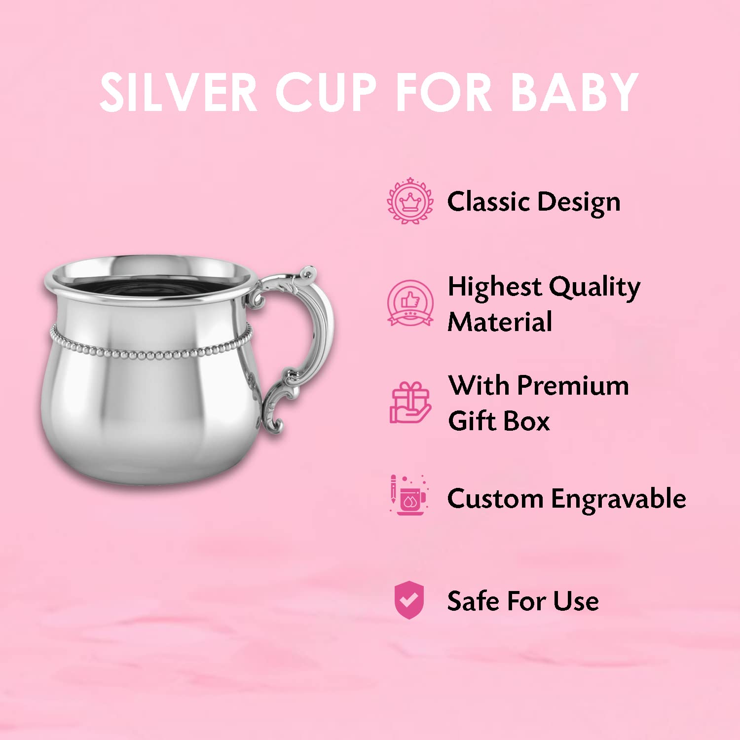 Sterling Silver Classic Bulge Beaded Cup - Engravable Personalized Keepsake Gift for Anniversary, Wedding & Special Occasions - Premium Gift Box Packaging - Non-Tarnishing Elegant Cup for Home Decor & Tea Time
