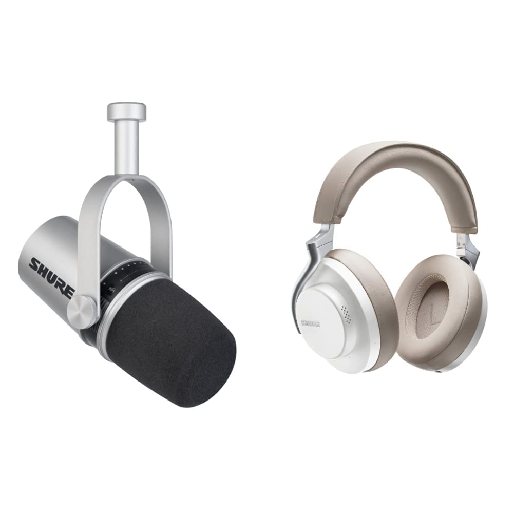 Shure MV7 USB/XLR Dynamic Microphone with AONIC 50 Wireless Noise Cancelling Headphones - Podcasting, Recording, Streaming & Gaming Bundle - Built-in Headphone Jack & Voice Isolation Tech - Silver/White - Perfect for Home Studios, Content Creators & Professional Voiceovers