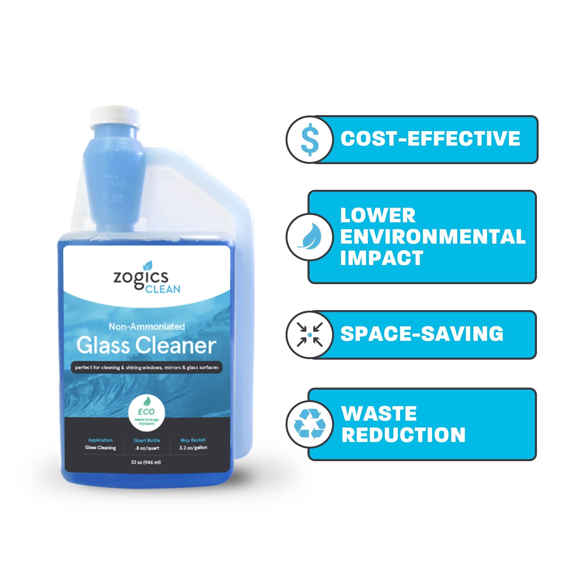 Zogics Non-Ammoniated Glass Cleaner Concentrate - 6 Pack (32 oz Each) - Makes 10 Gallons per Bottle - ECOLOGO Certified - Ideal for Commercial Windows, Mirrors & Glass Surfaces