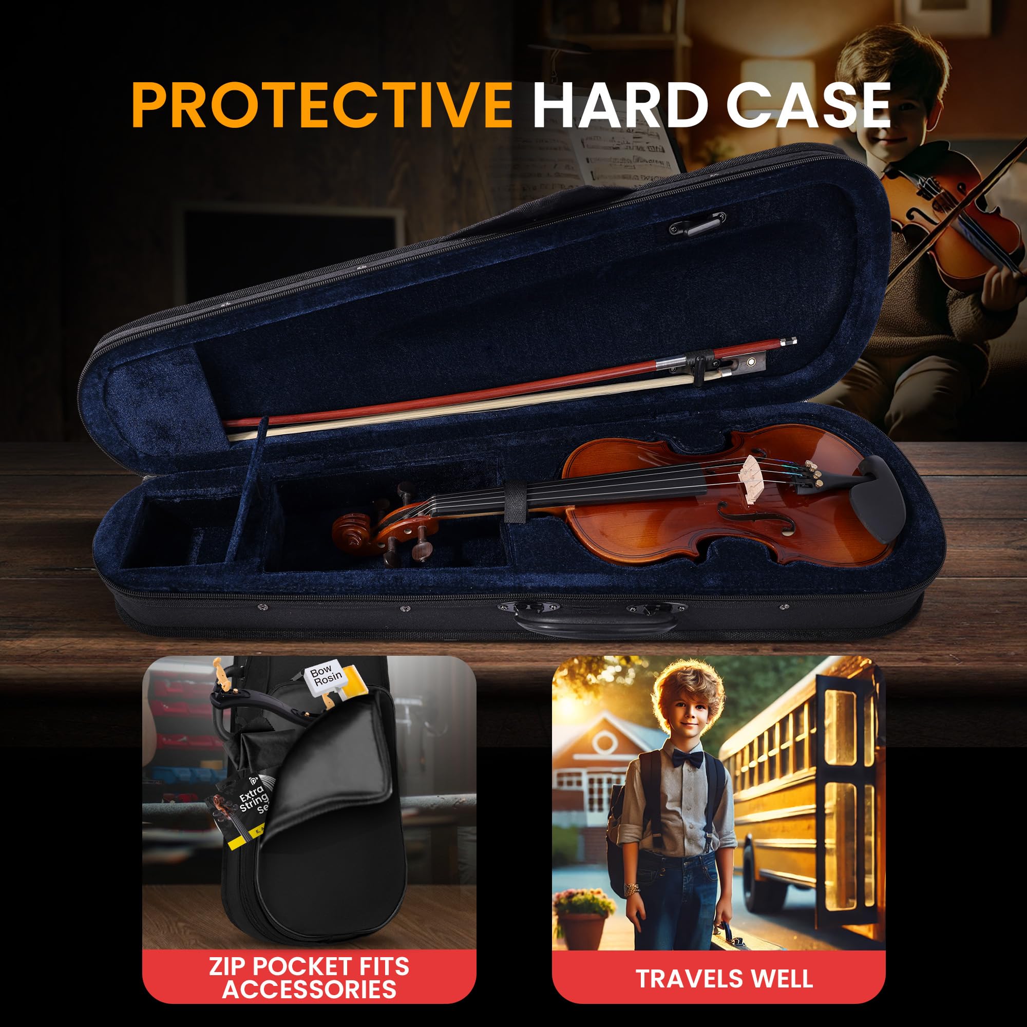 **Pyle 1/4 Size Beginner Violin Starter Kit - Full Set with Travel Case, Bow, Extra Strings, Digital Tuner, Shoulder Rest & Cleaning Cloth - Perfect for Students, Kids & Adults - Ideal for School, Practice & Travel**