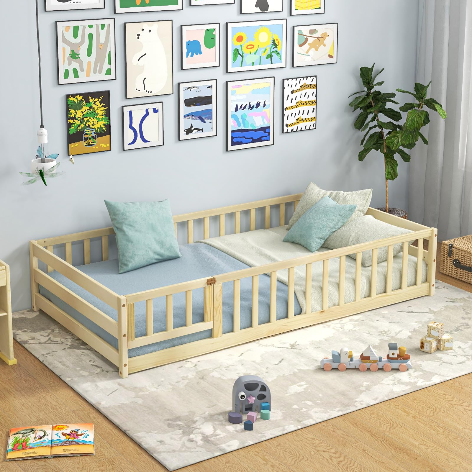 **Giantex Twin Floor Bed with Door & Safety Fence - Wooden Montessori Kids Bed Frame for Boys & Girls, No Box Spring Needed, Natural Finish - Perfect for Montessori Rooms, Toddler Bedrooms & Play Areas**