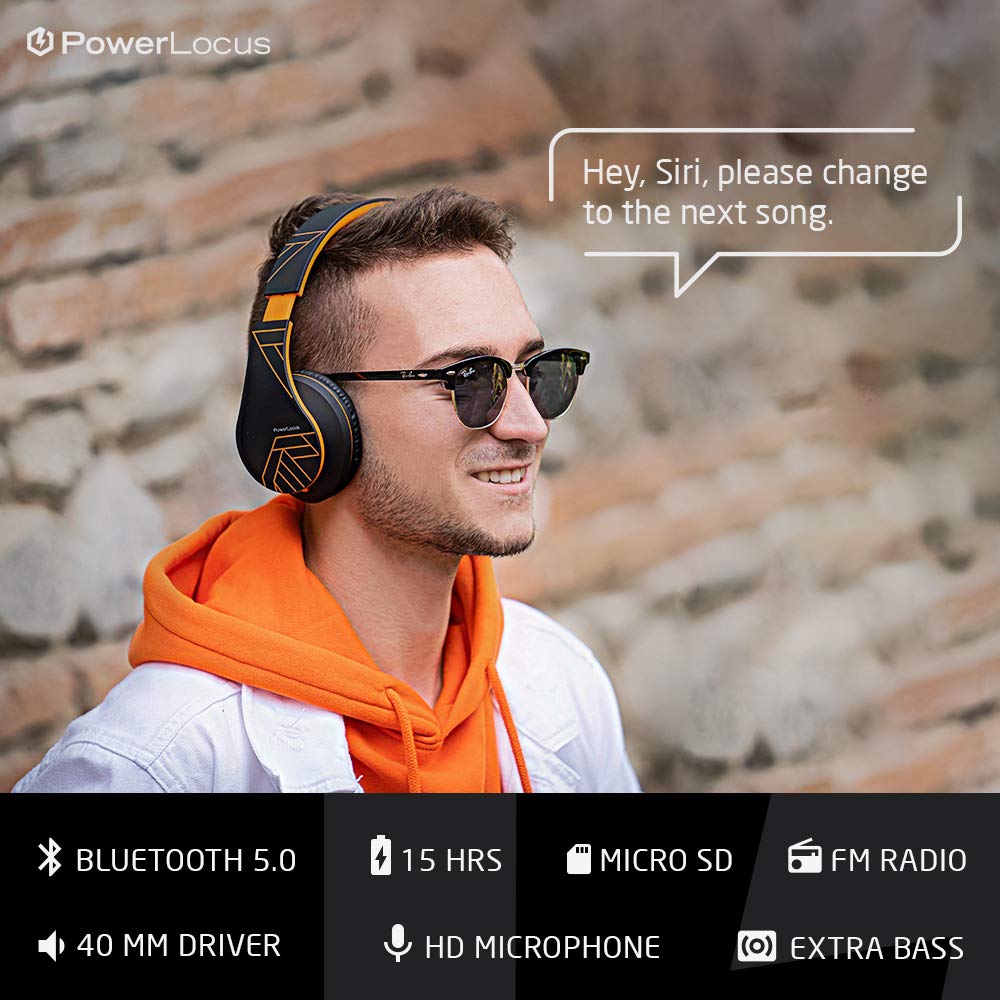 PowerLocus Bluetooth Over-Ear Headphones - Wireless Stereo Foldable Headset with Built-in Mic, Micro SD/TF, FM - Compatible with iPhone, Samsung, iPad, PC (Black/Orange) - Perfect for Travel, Workouts, and Home Entertainment