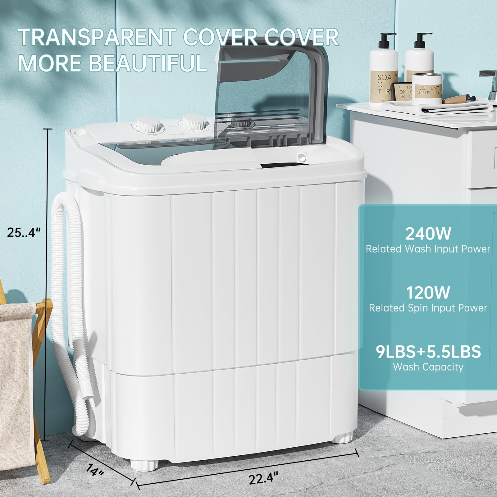 INTERGREAT Portable Washing Machine with Extended Hose - 16lbs Twin Tub Compact Washer & Dryer Combo with Drain Pump - Perfect for Dorms, Apartments, RVs & Small Spaces - Grey (Ideal for Laundry in Tight Areas & Travel)