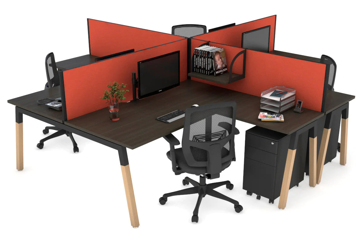 Quadro Wood A Legs Cross Beam 4-Person Corner Workstation Desk - 1600L x 1800W with Cable Management Scallop - Perfect for Office, Home Workspace & Collaborative Environments