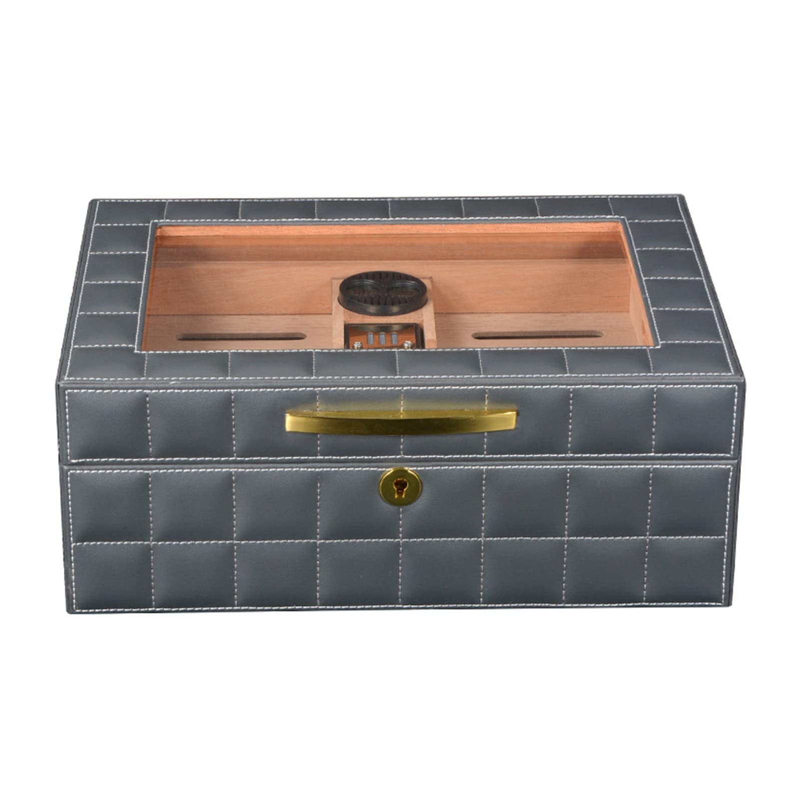 Premium Leather-Wrapped Cedar Wood Cigar Humidor with Digital Hygrometer & Humidifier - Glass Top Desktop Cigar Storage Box Holds 25-50 Cigars - Perfect for Home, Office, or Gifting (QHYTL)