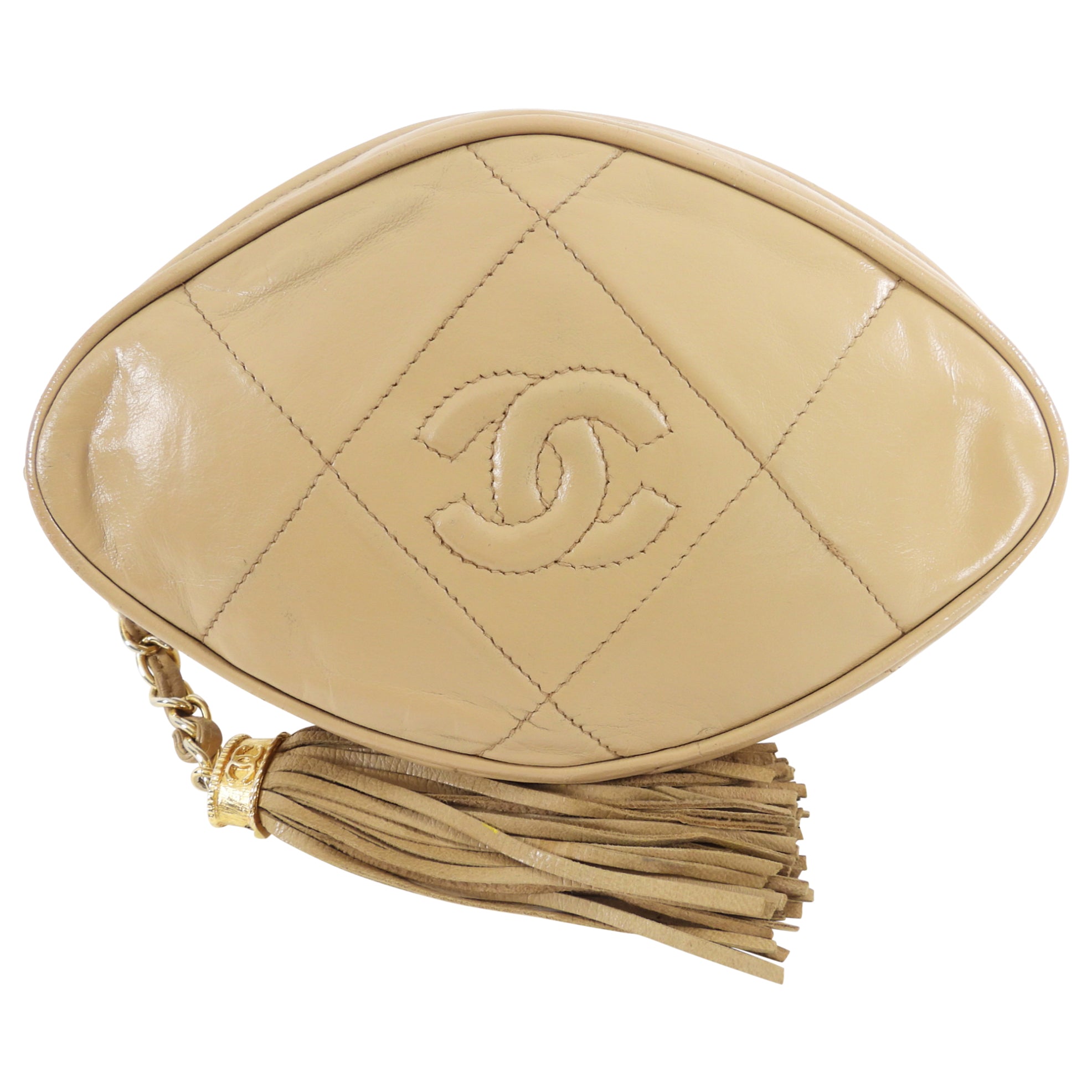 Vintage Chanel Beige CC Diamond Tassel Clutch Bag 1989-1991 Collection | Luxury Designer Evening Clutch for Women | Perfect for Parties, Weddings & Special Occasions