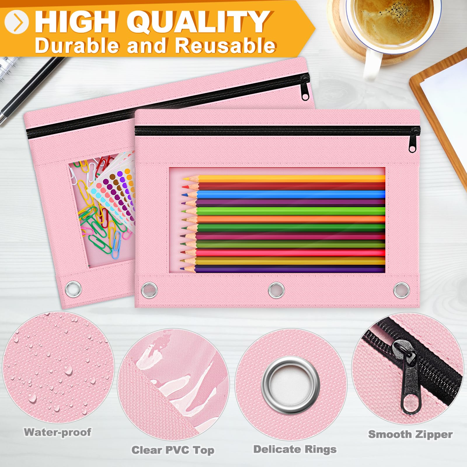 Officygnet 2-Pack Zippered Pencil Pouch for 3-Ring Binder - Clear Window School & Office Supply Organizer - Cloth Pencil Case with 3-Hole Binder Fit (Pink) - Perfect for Students, Teachers & Office Organization