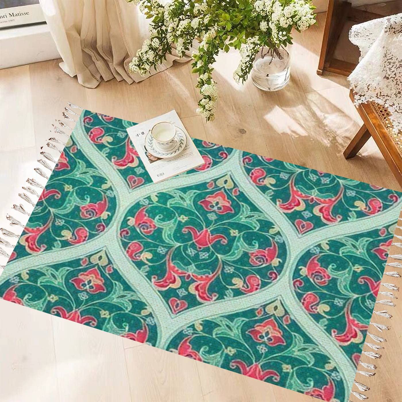 Vintage Cotton and Linen Boho Area Rug with Retro Tassels - Eastern Style Floral Design, Washable Woven Runner Mat for Kitchen, Bathroom, Outdoor & Living Room Decor