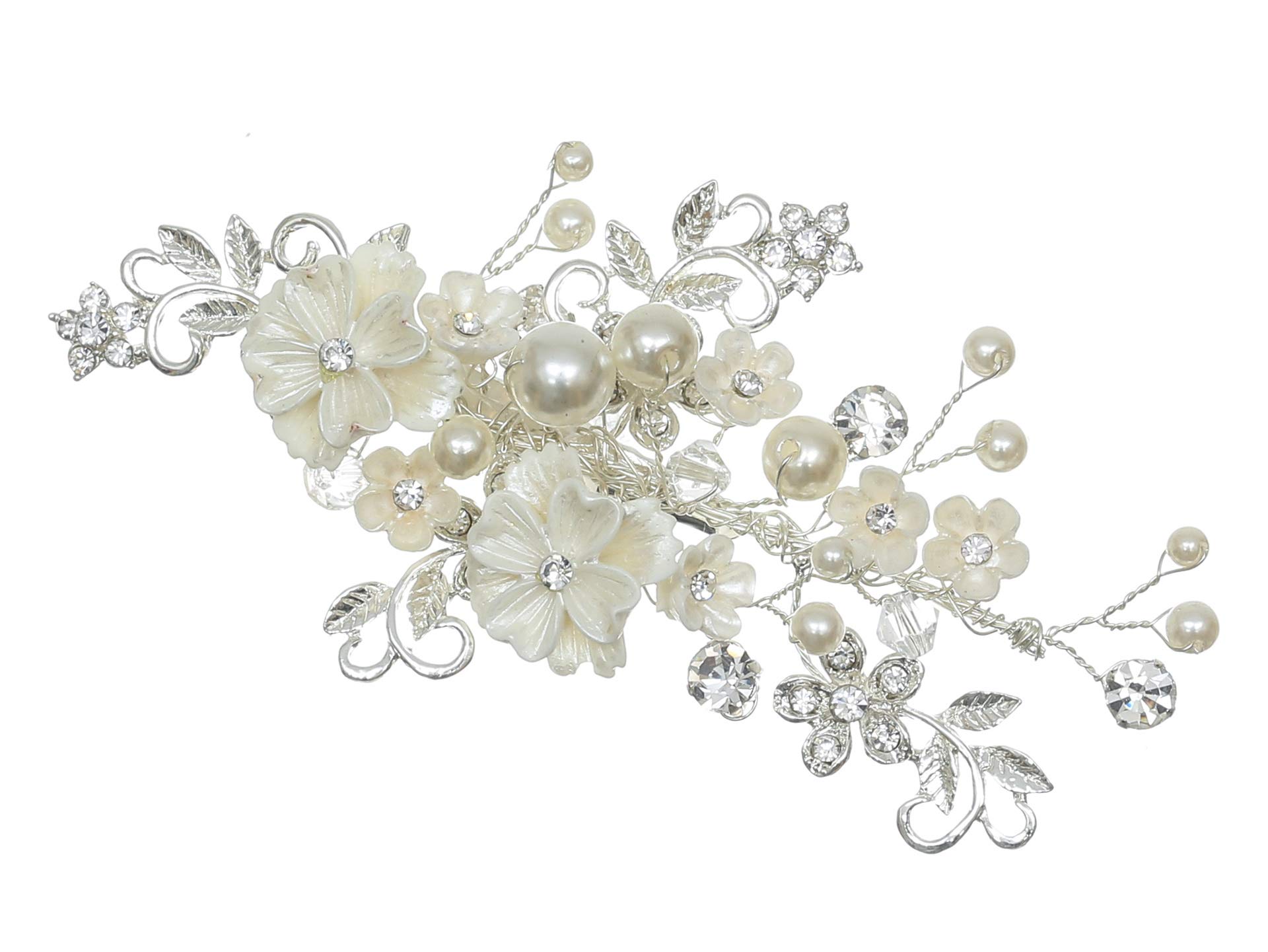 SAMKY Handmade White Pearl Crystal Flower Hair Clips - Silver T1212 | Elegant Hair Accessories for Weddings, Parties & Everyday Wear
