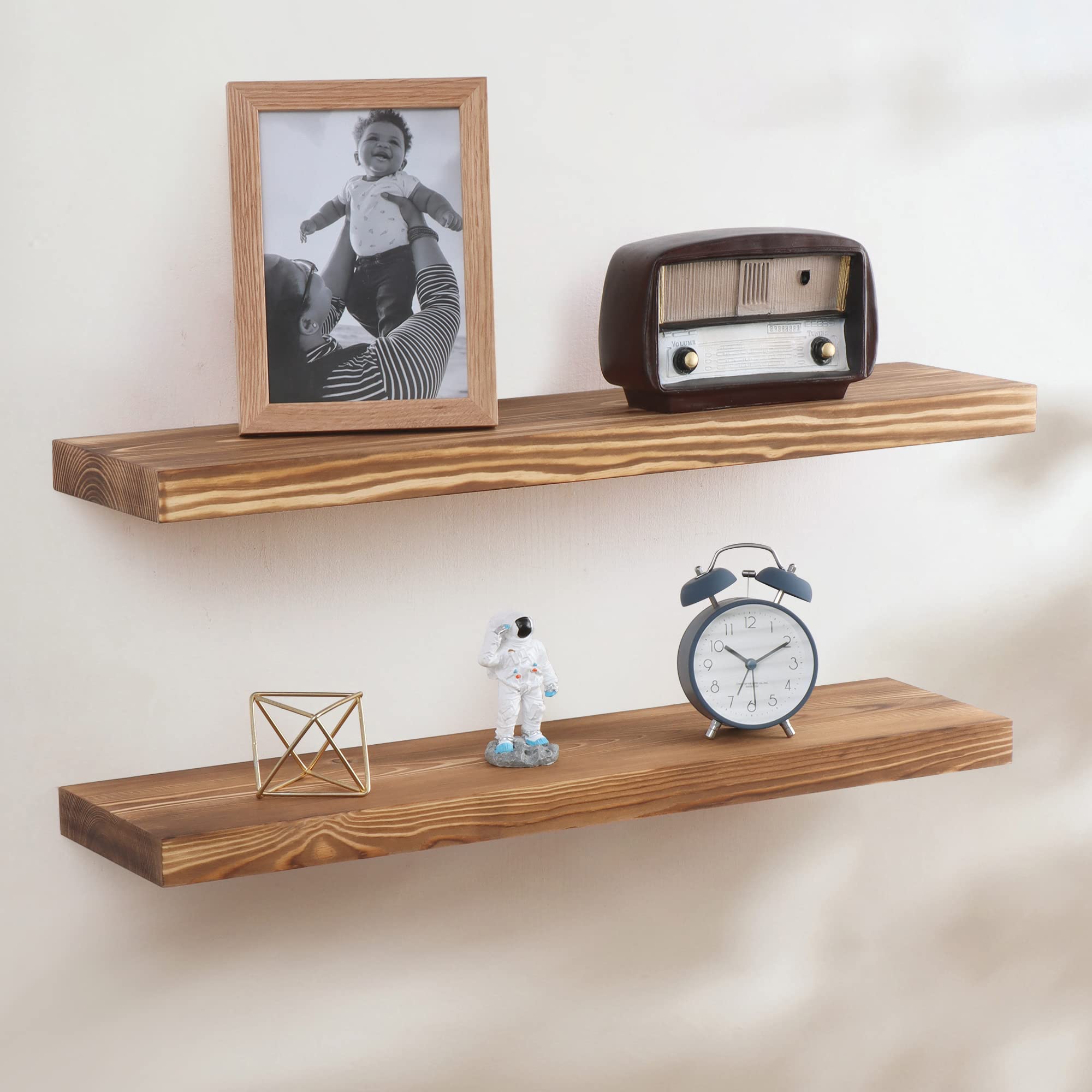Handcrafted European Pine Floating Shelves Set of 2 - 24 Inch Natural Rustic Wood Wall Shelves for Storage & Display | Farmhouse Decor for Kitchen, Bathroom, Living Room & Bedroom | Carbonized Finish | Perfect for Organizing Spices, Books & Decor Items