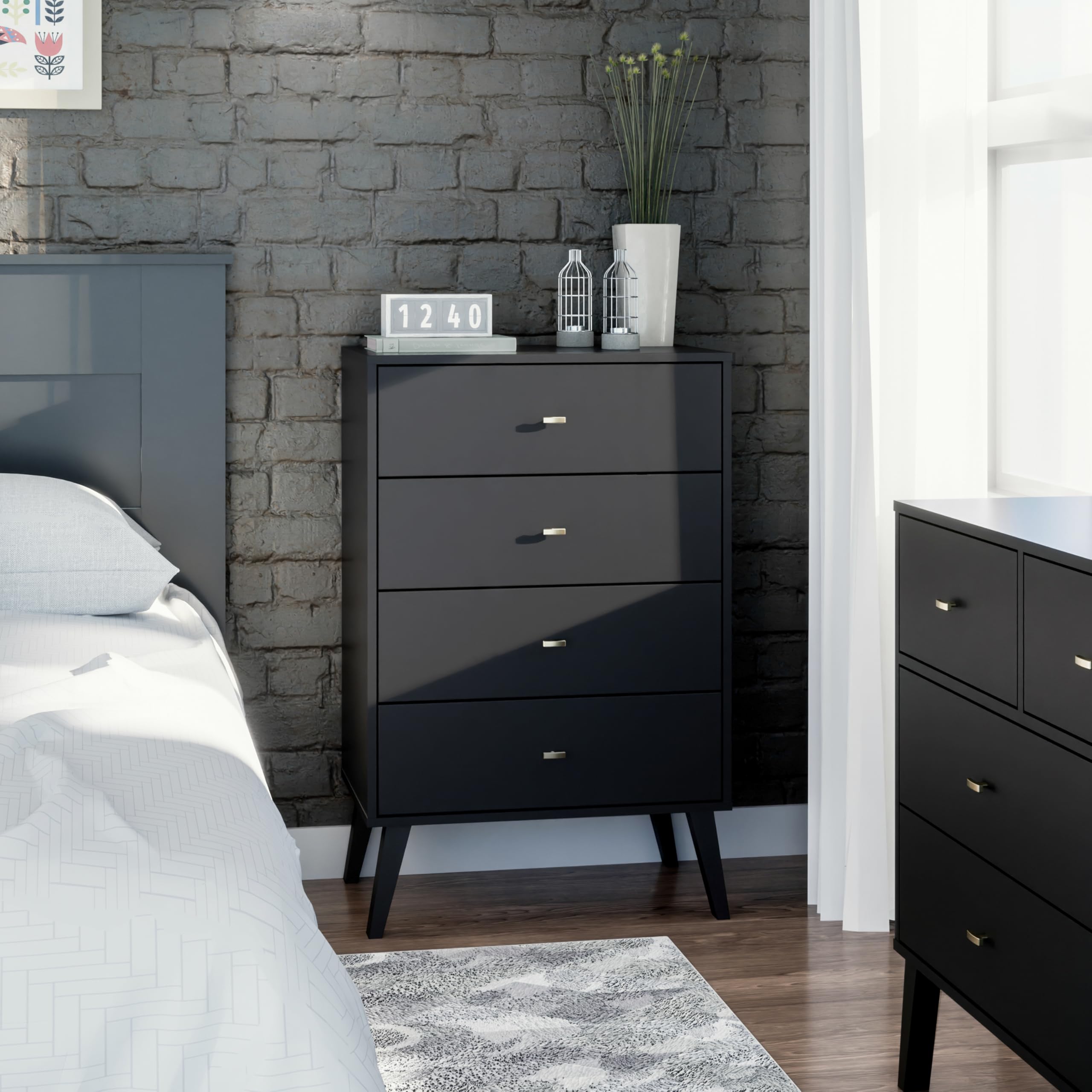 Mid-Century Modern 4-Drawer Dresser - Prepac Milo Black Chest of Drawers, Contemporary Bedroom Storage Furniture (18.25