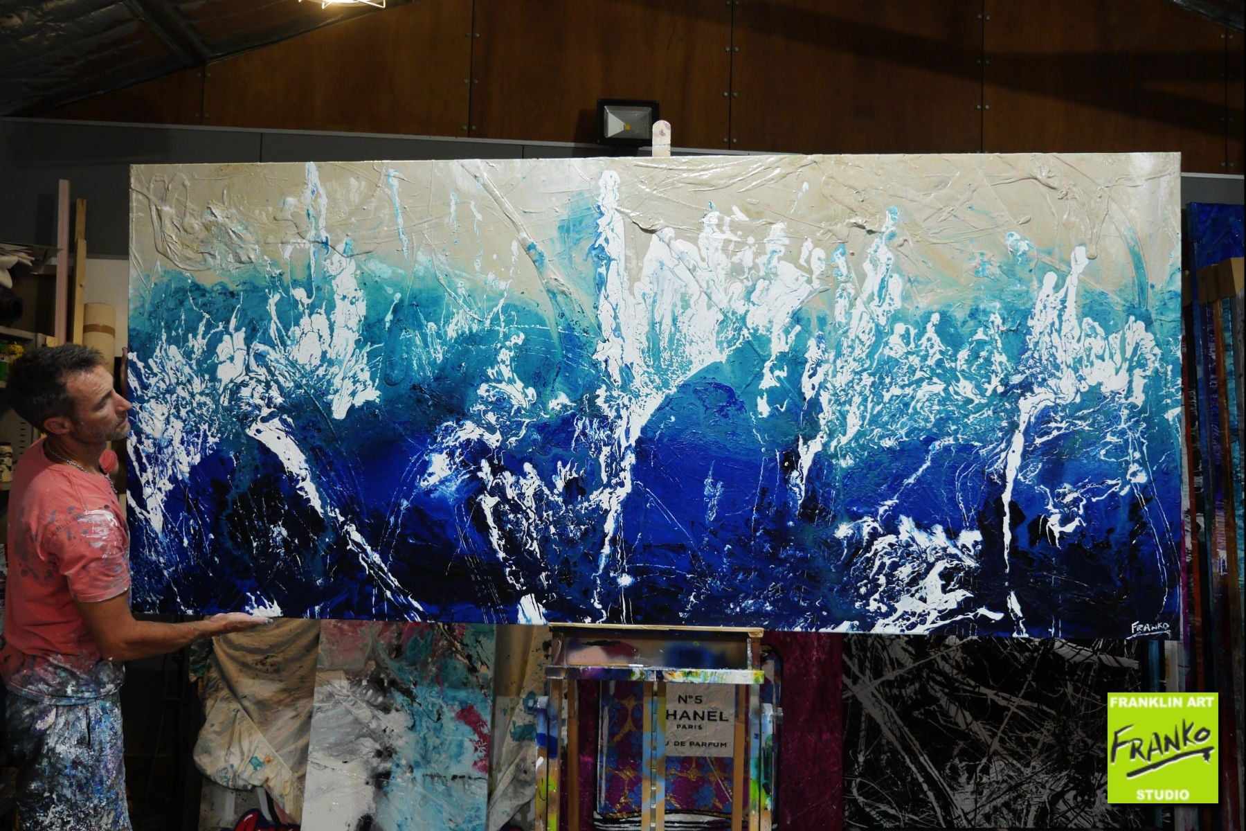 270cm x 120cm Cream White Blue Textured Abstract Beach Painting - Large Modern Wall Art for Living Room, Bedroom & Office Decor