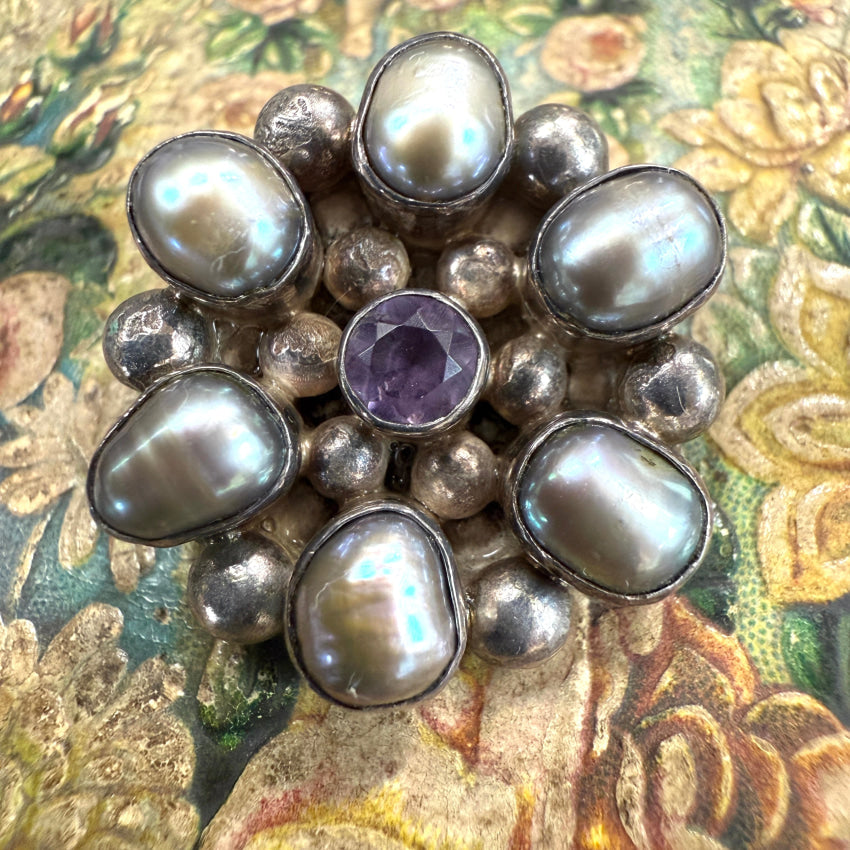 Elegant Sterling Silver Black Freshwater Pearl & Amethyst Cluster Pendant Necklace | Perfect for Weddings, Anniversaries & Special Occasions