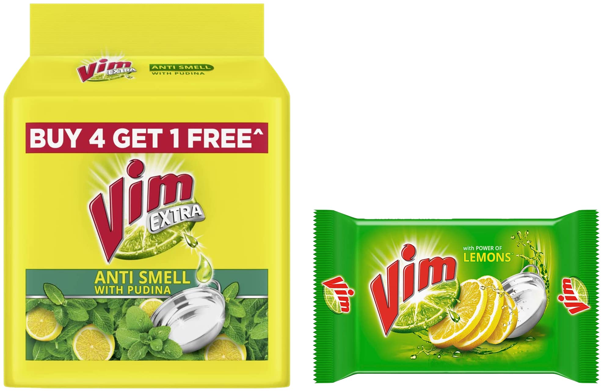 Vim Antismell with Pudina (Mint) Dishwashing Bar - Pack of 5 (Buy 4 Get 1 Free) | Vim Lemon Dishwash Bar 300g - Powerful Stain & Grease Removal | Ideal for Kitchen Cleaning, Utensil Washing & Tough Stain Removal