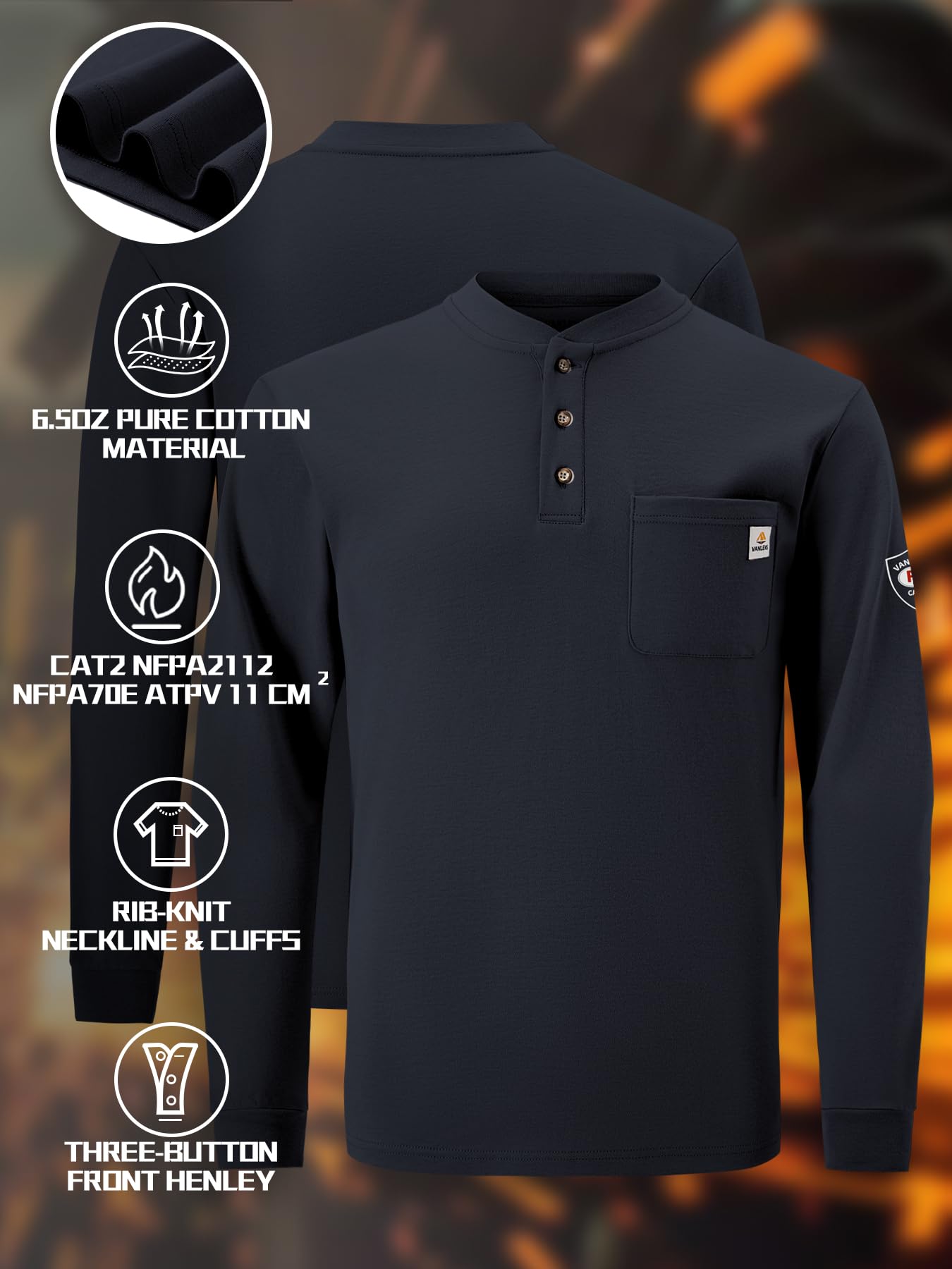 Flame Resistant Shirts for Men - Lightweight 6.5oz Long Sleeve Henley Shirts, CAT2 NFPA2112 Certified FR Workwear - Ideal for Industrial Safety, Welding & Oilfield Jobs