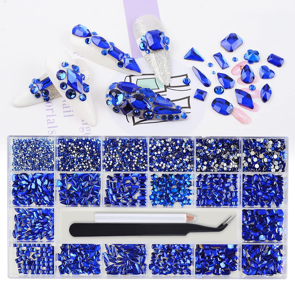 8620Pcs Nail Rhinestones Kit - Multi-Shaped Glass Crystal Flatback Diamonds for Professional Nail Art Decorations | DIY Nail Art Craft with Rhinestones Picker Tool | Perfect for Salon, Home Manicure & Party Nail Designs (Dark Blue)