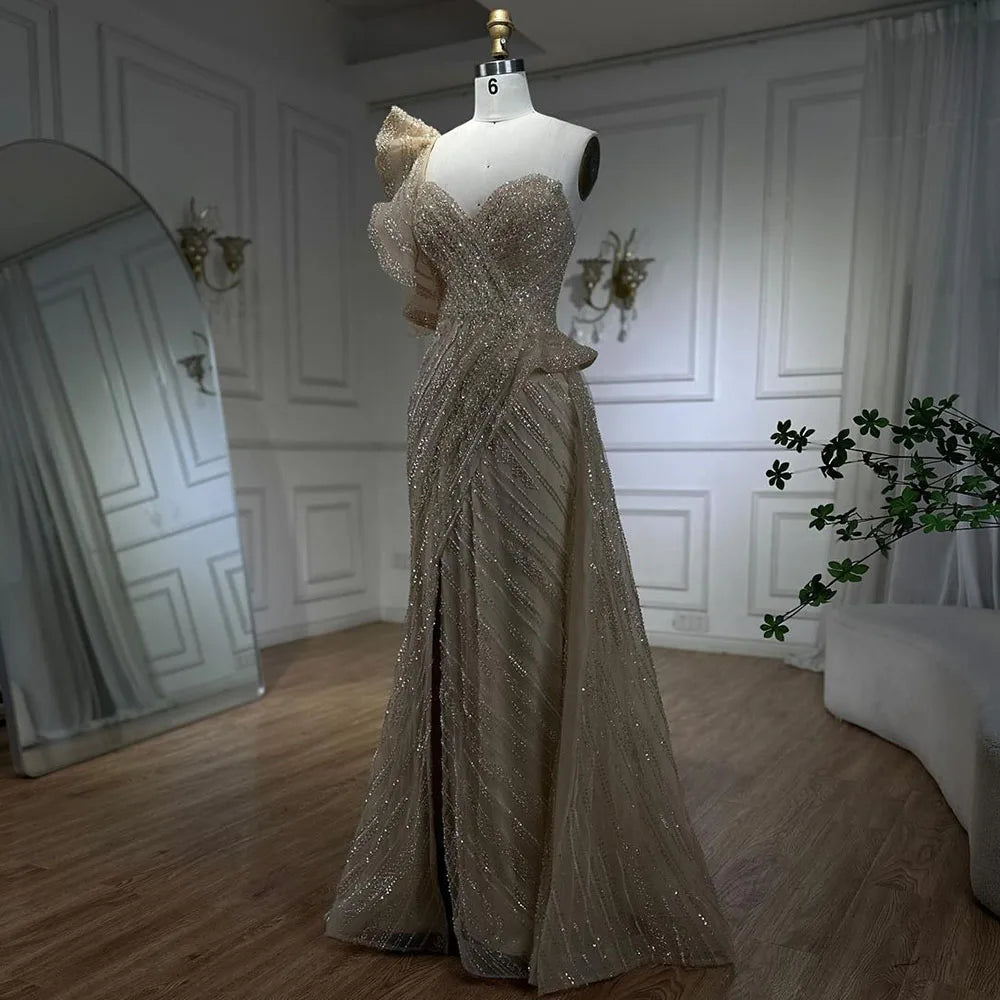 Elegant One Shoulder Nude Mermaid Evening Dress with Beaded Overskirt - Women's Formal Gown for Weddings, Prom & Special Occasions | Serene Hill LA72389