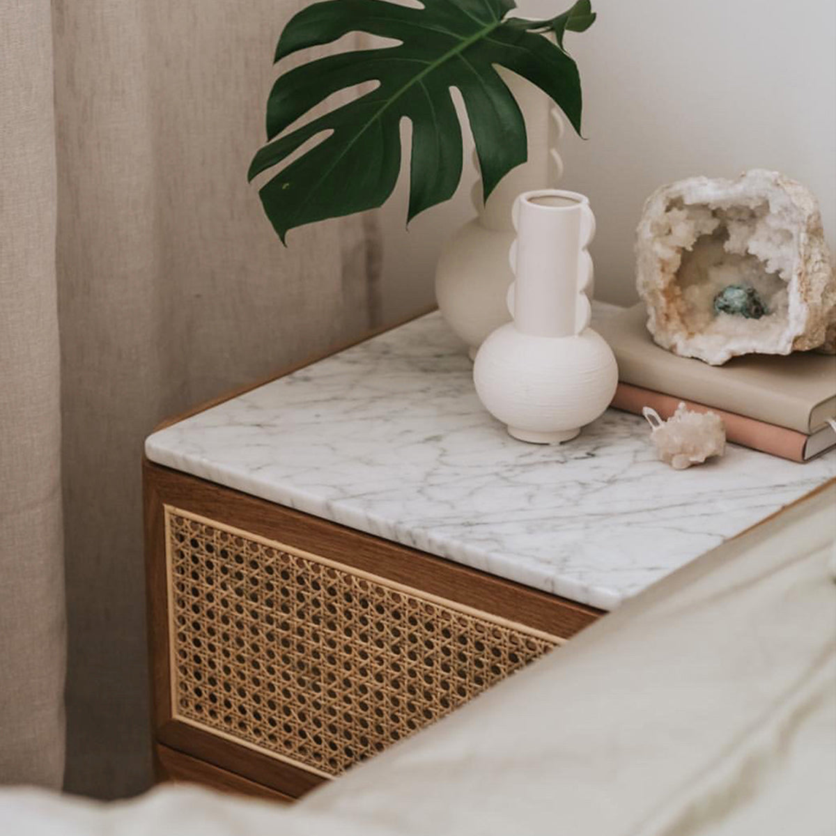Delta Marble Rattan Bedside Table - Modern Nightstand with Storage Shelf for Bedroom, Living Room & Dorm | Stylish Accent Furniture for Home Decor