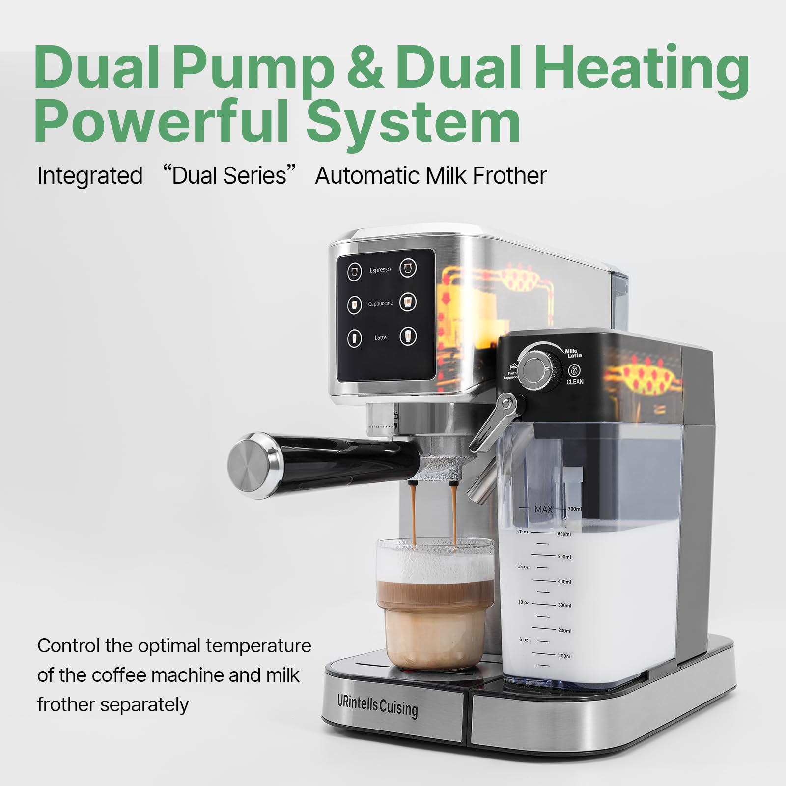 20 Bar Espresso Machine with Touchscreen & Automatic Milk Frother - Dual Heating System & Dual Pump for Cappuccino, Latte & Coffee - Perfect for Home, Office & Cafe Use