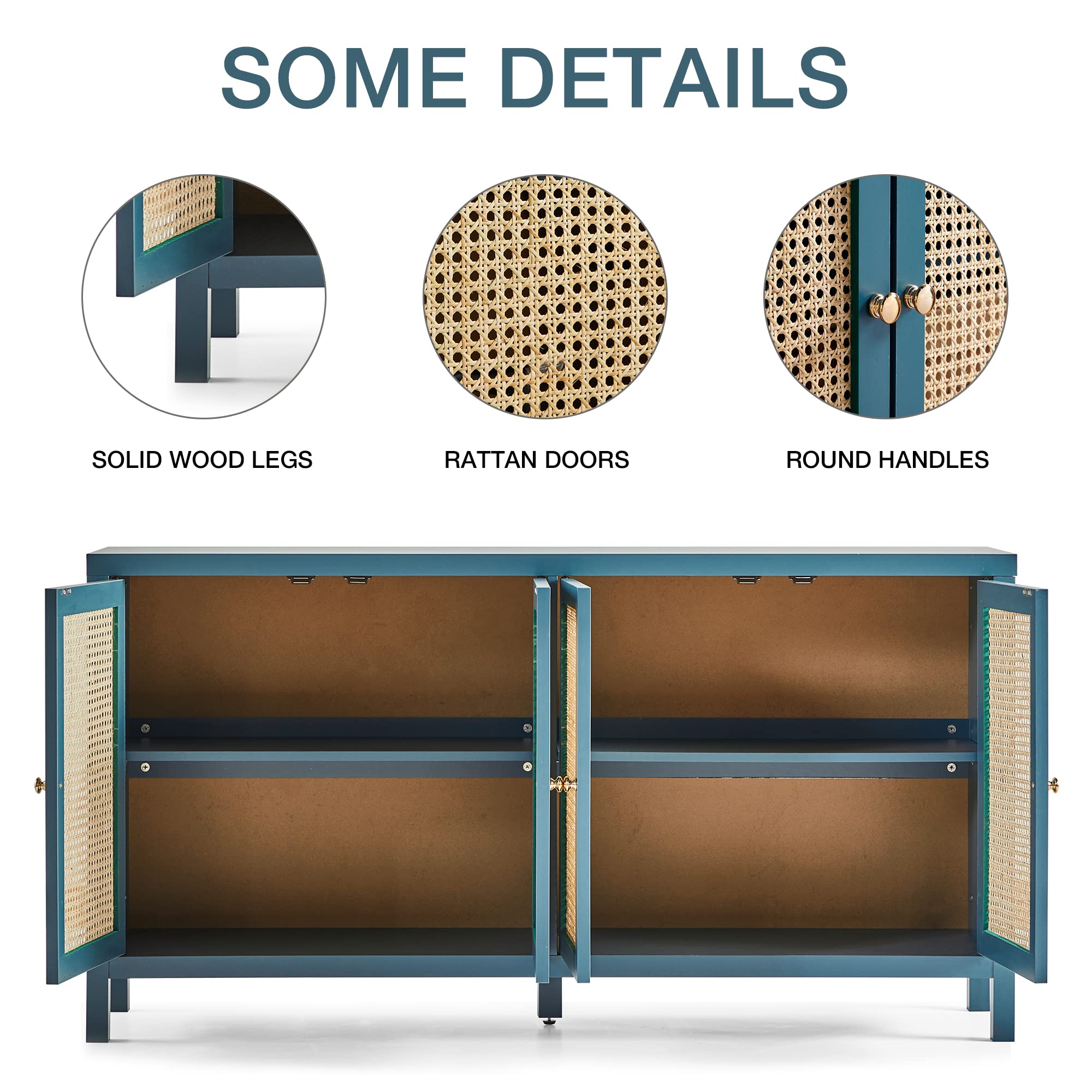 QHITTY Rattan Sideboard Buffet Cabinet - 4 Door Storage Console Table with Adjustable Shelves for Kitchen, Dining & Living Room | Blue Accent Cabinet for Hallway Decor & Home Organization
