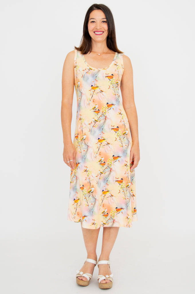 Evangelina Dress - Songbird Print Bamboo Fabric Flowy Summer Dress for Women | Perfect for Beach Vacations, Garden Parties & Casual Outings