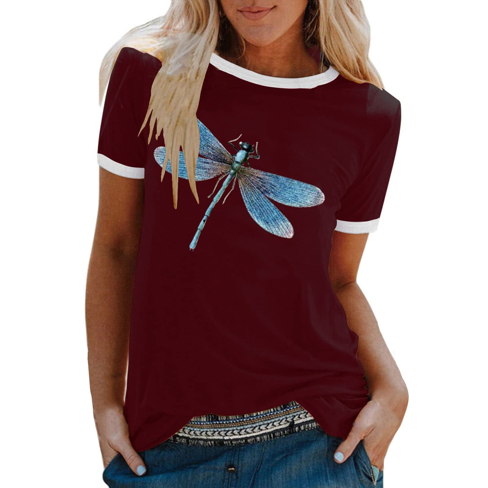 Women's Summer Casual O-Neck Printed Short Sleeve Contrast Color T-Shirt - Breathable Running Tee for Gym, Yoga & Outdoor Activities