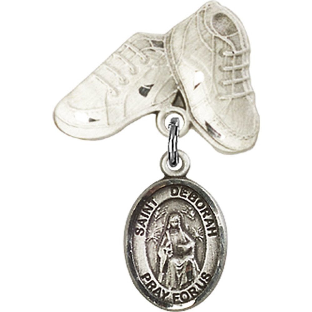 Sterling Silver Baby Badge with St. Deborah Charm & Baby Boots Pin - 1 X 5/8 Inch - Perfect for Christening, Baptism & Newborn Gifts