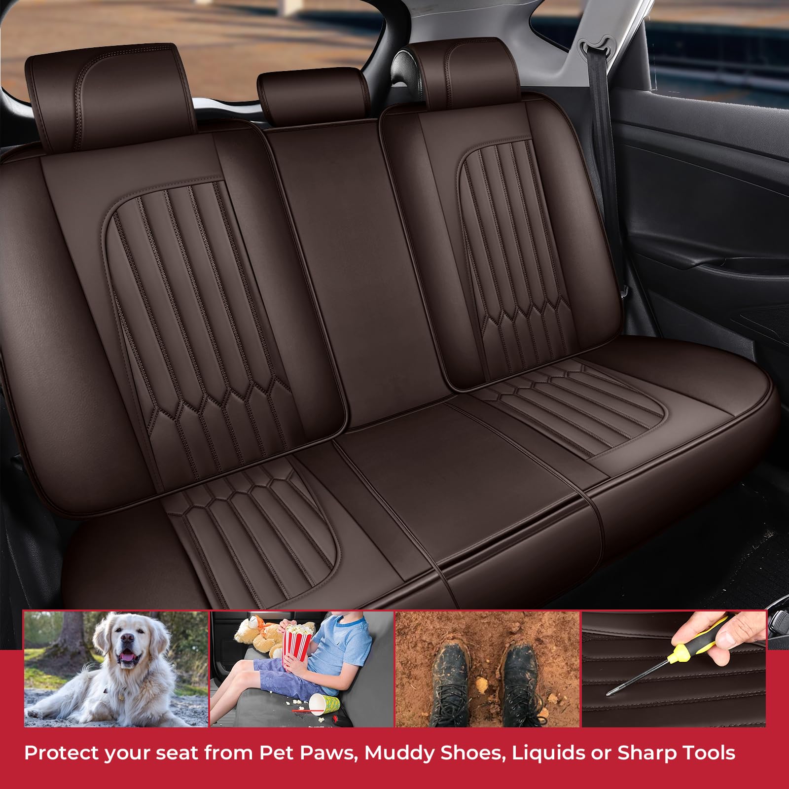 Premium Faux Leather Car Seat Covers Full Set - Universal Waterproof Seat Protectors for Sedan, SUV & Pickup Trucks - Coffee Color - Perfect for Daily Commute, Road Trips & Family Travel