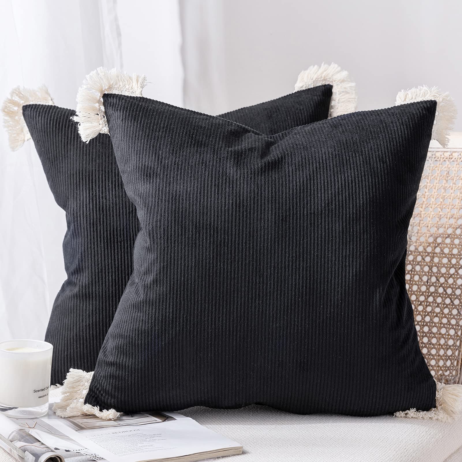 Phantoscope 2-Pack Corduroy Pillow Covers - Soft Striped Velvet Decorative Throw Pillows with Cotton Tassels, Ultra Solid Cushion Covers (20x20 Inches, Black) for Sofa, Bed & Home Decor