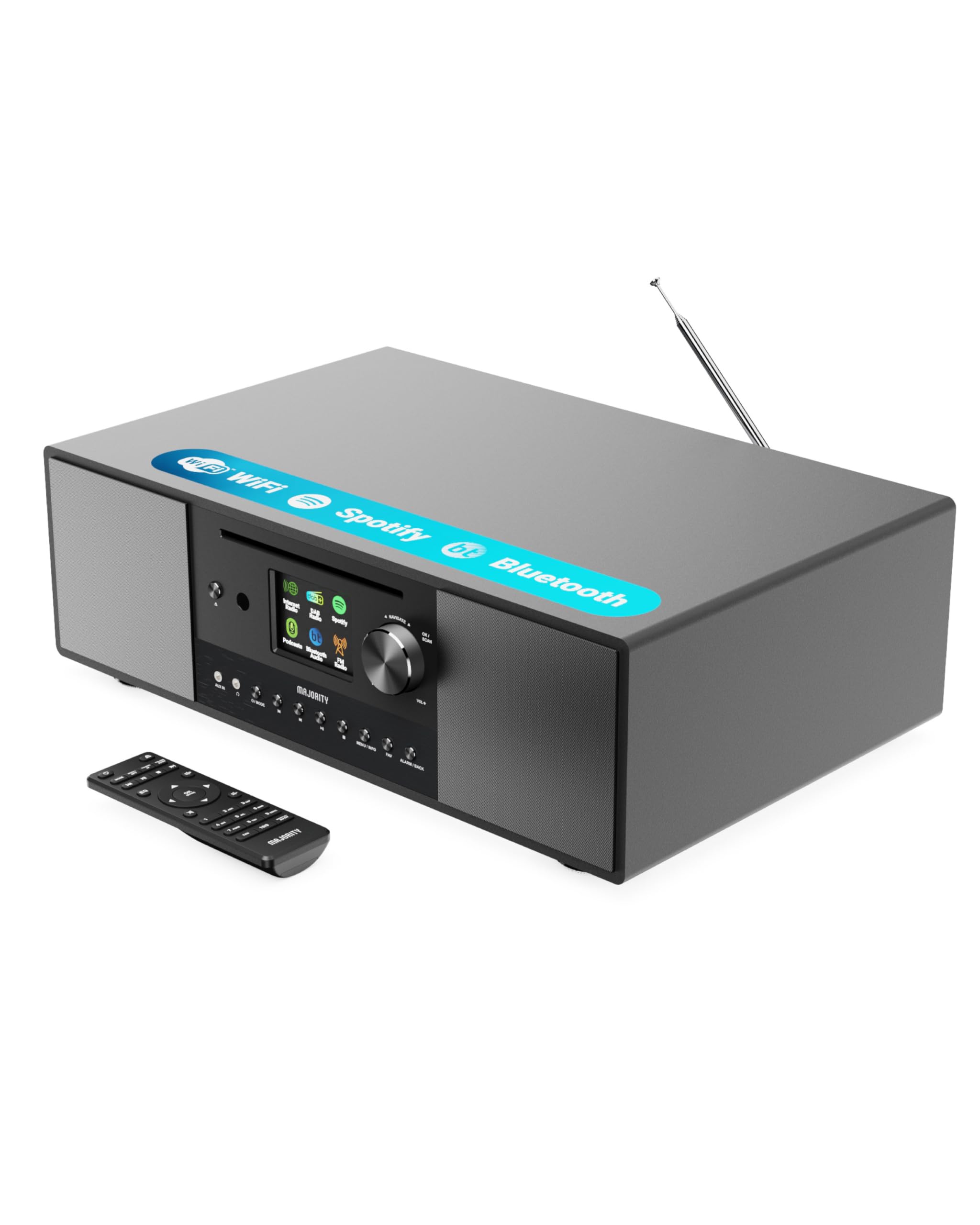 Majority Quadriga 2.1 Channel 120W Stereo System with Internet Radio, CD Player, FM/DAB+ Tuner & Powerful Subwoofer | Bluetooth Enabled | Spotify Connect & Podcasts | Perfect for Home Entertainment & Party Music (Black)