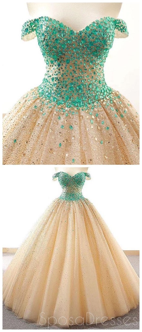 Elegant Off Shoulder Green Rhinestone Ball Gown Long Evening Prom Dress for Women | Sparkly Sweet 16 Dresses | Perfect for Formal Events, Homecoming, Pageants & Special Occasions