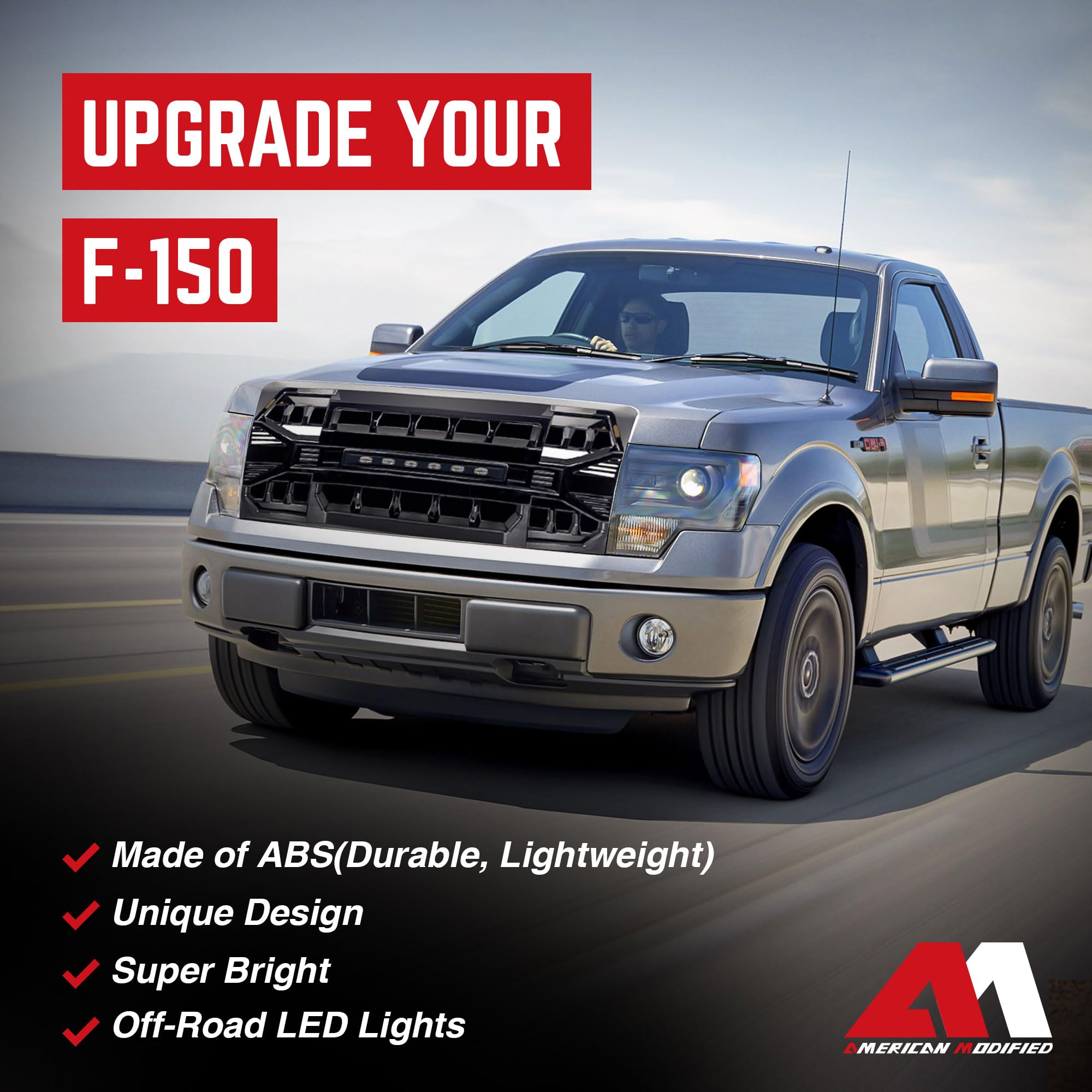 Direct Fit Replacement Front Armor Grille for 2009-2014 Ford F150 with Off-Road Lights - Glossy Black | Heavy Duty Truck Accessory for Off-Roading & Customization