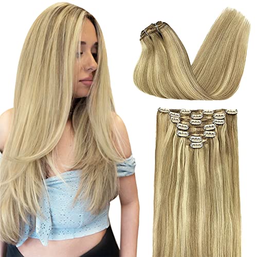 DOORES 7pcs 22 Inch Remy Human Hair Clip-in Extensions - Light Blonde Highlighted Golden Blonde Balayage, 120g Real Natural Straight Hair for Daily Styling & Special Occasions